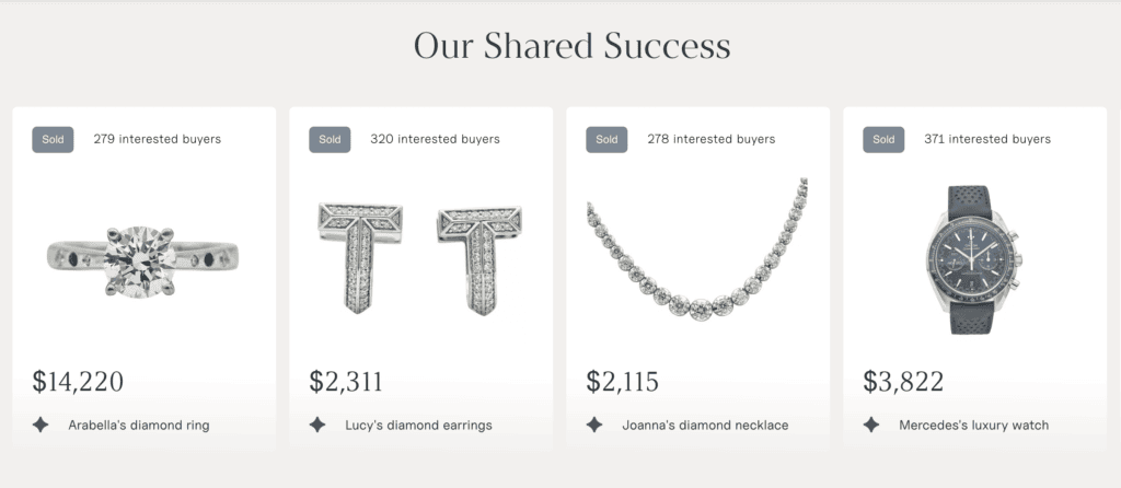 Here's a screenshot from Worthy's website of some past jewelry sales.