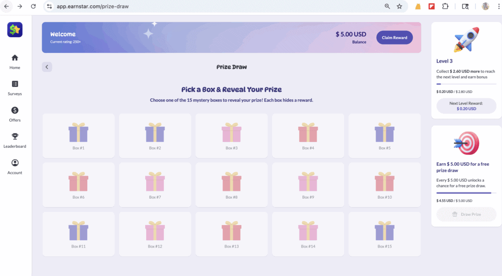 Once you reach $5, you can unlock a fun mystery box raffle that gives you rewards like cash boosts.