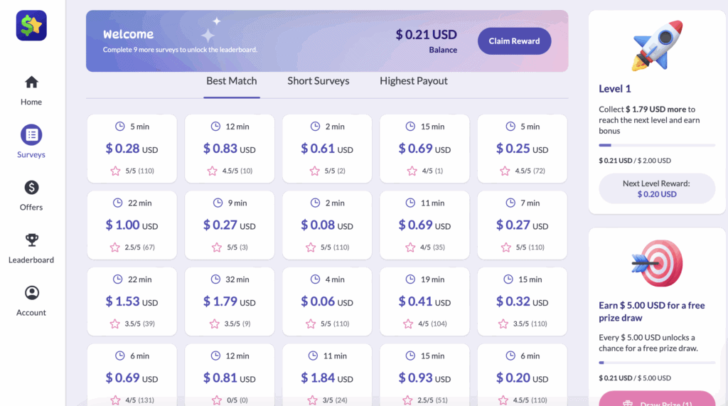 Each survey about Earnstar shows spending, time estimates and star ratings to help you choose the best option.