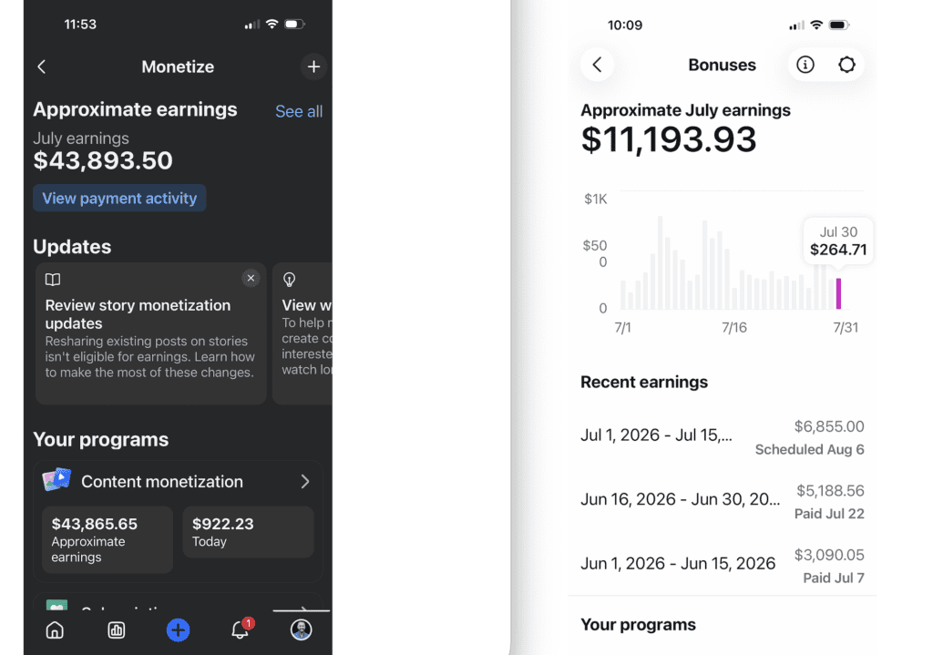Facebook and Instagram earnings screenshots from July 2026