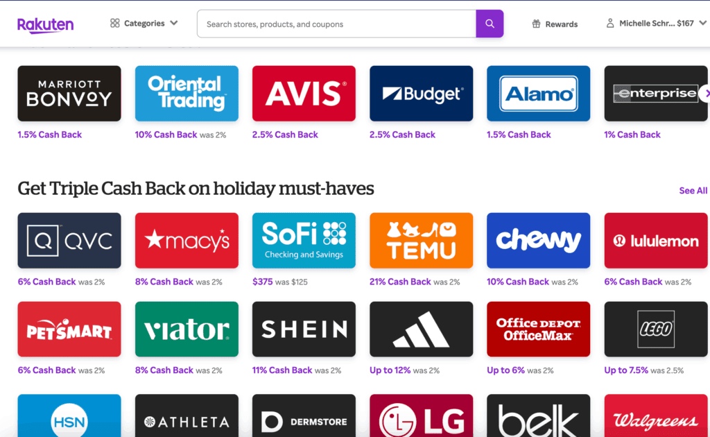 Here's an example of what you could possibly get as cash back when shopping online (the percentages change all the time, so you'll want to log in and check).