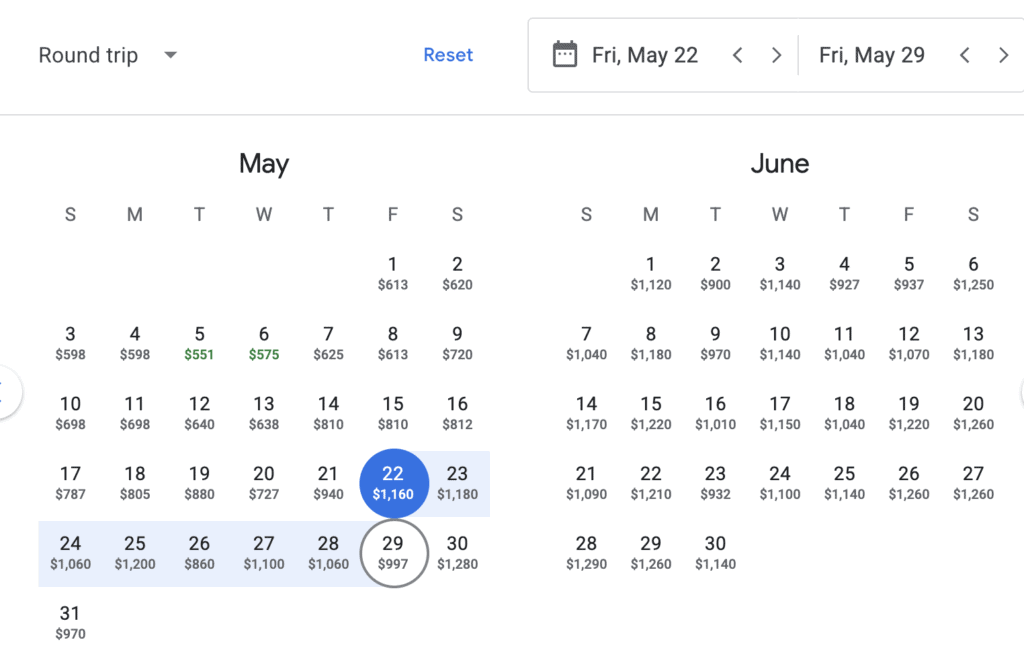 Here's an example of what I see when I put in travel dates from Las Vegas (where I live) to Paris, France on Google Flights.
