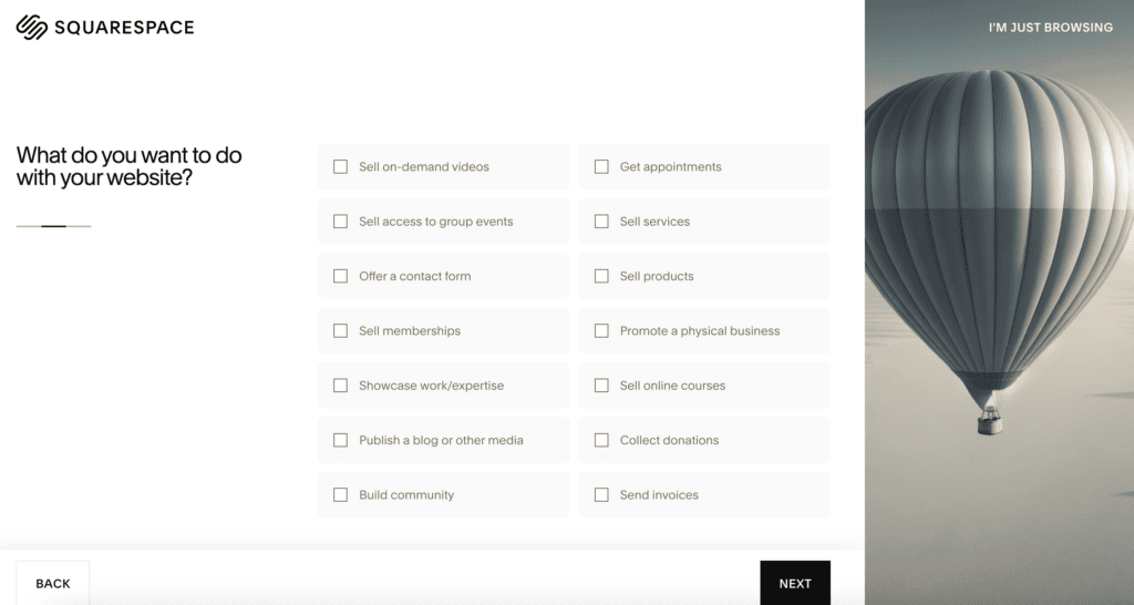 Squarespace Blueprint AI asks you questions like the above to get you started.
