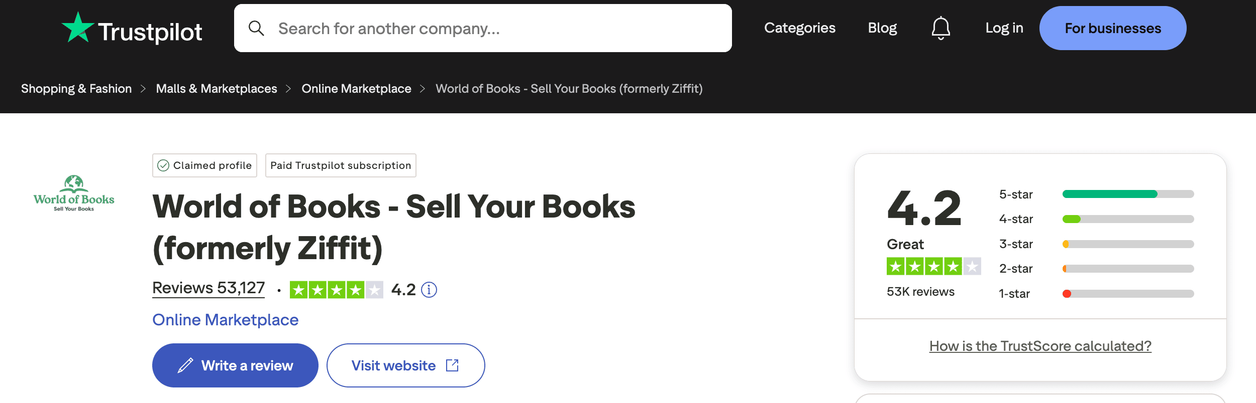 World of Books has over 53,000 Trustpilot reviews, with an average of 4.2 out of 5 stars.