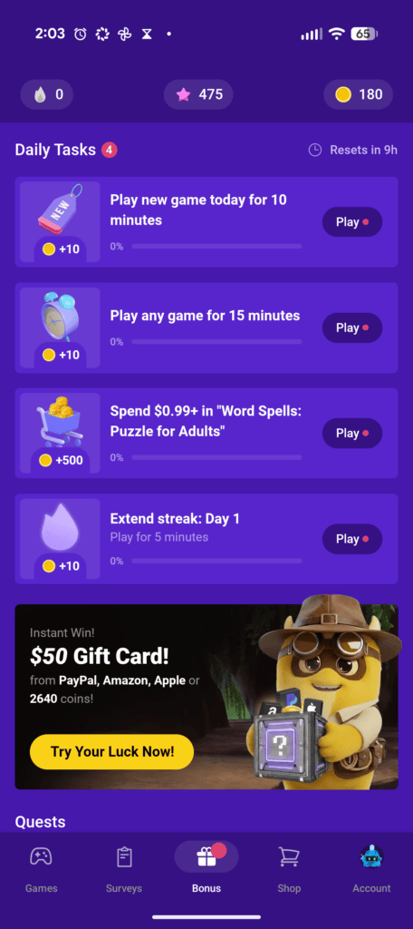 Here's what the app looks like and some of the different ways you can earn.
