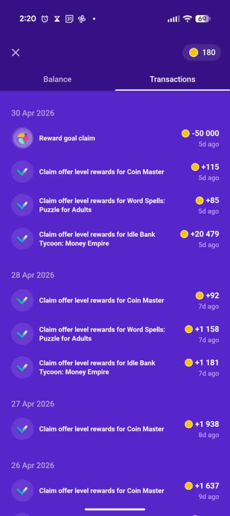 Here are some of the points I earned on Snakzy.