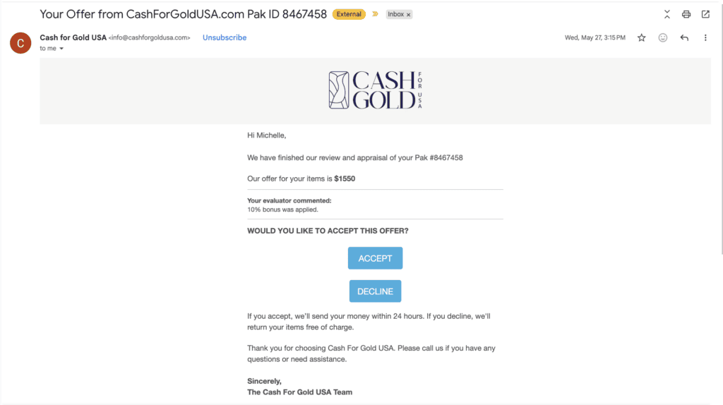 This is my offer email from Cash For Gold USA.