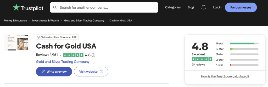 Cash for Gold USA has a 4.8 out of 5 star rating on Trustpilot, with over 1,900 reviews, which means a lot of people have used the company and liked them.