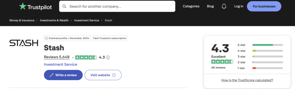 Stash has a Trustpilot rating of 4.3 out of 5 stars, with over 5,600 reviews.