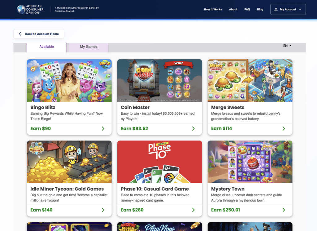 Example of games you can play on American Consumer Opinion and earn money with